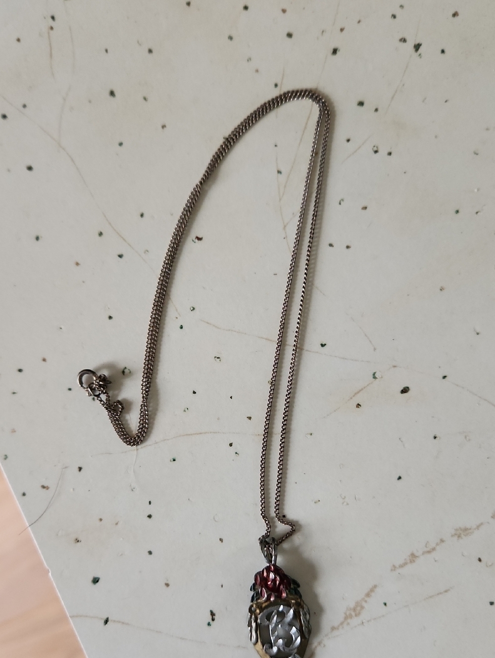 Silver Tone "B" Pendant Necklace with Red Accent